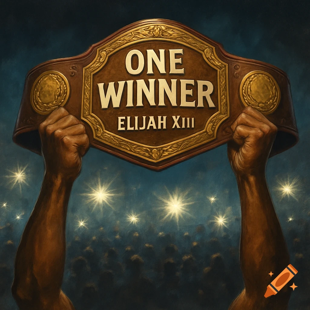 Hands holding a championship belt with 'One Winner Elijah XIII' over a crowd with lights, artwork style.