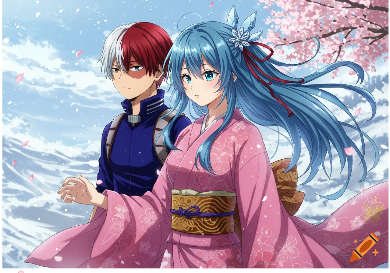 Anime characters walking during cherry blossom season