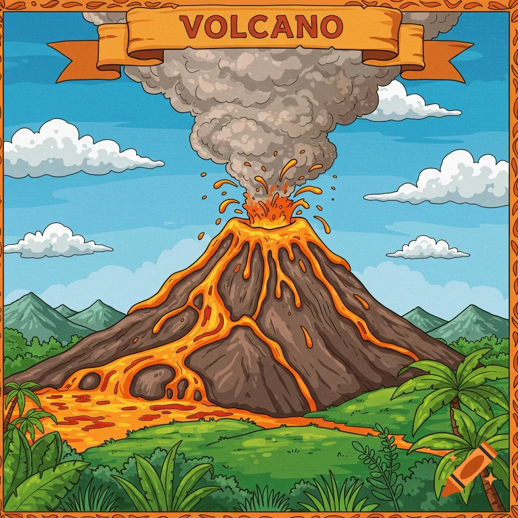 Coloring book style illustration of an erupting volcano with lava flow, plants, and mountains, with a banner reading 'VOLCANO'.