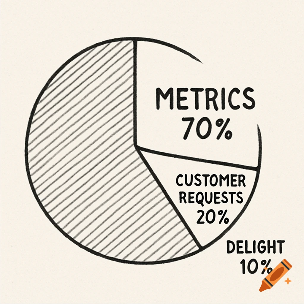 Hand-drawn style pie chart showing Metrics 70%, Customer Requests 20%, Delight 10%.