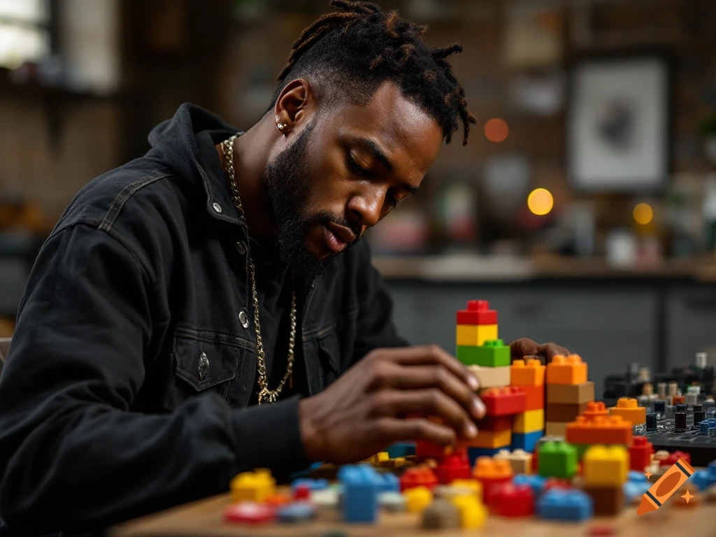 A man builds a structure with colorful toy blocks.