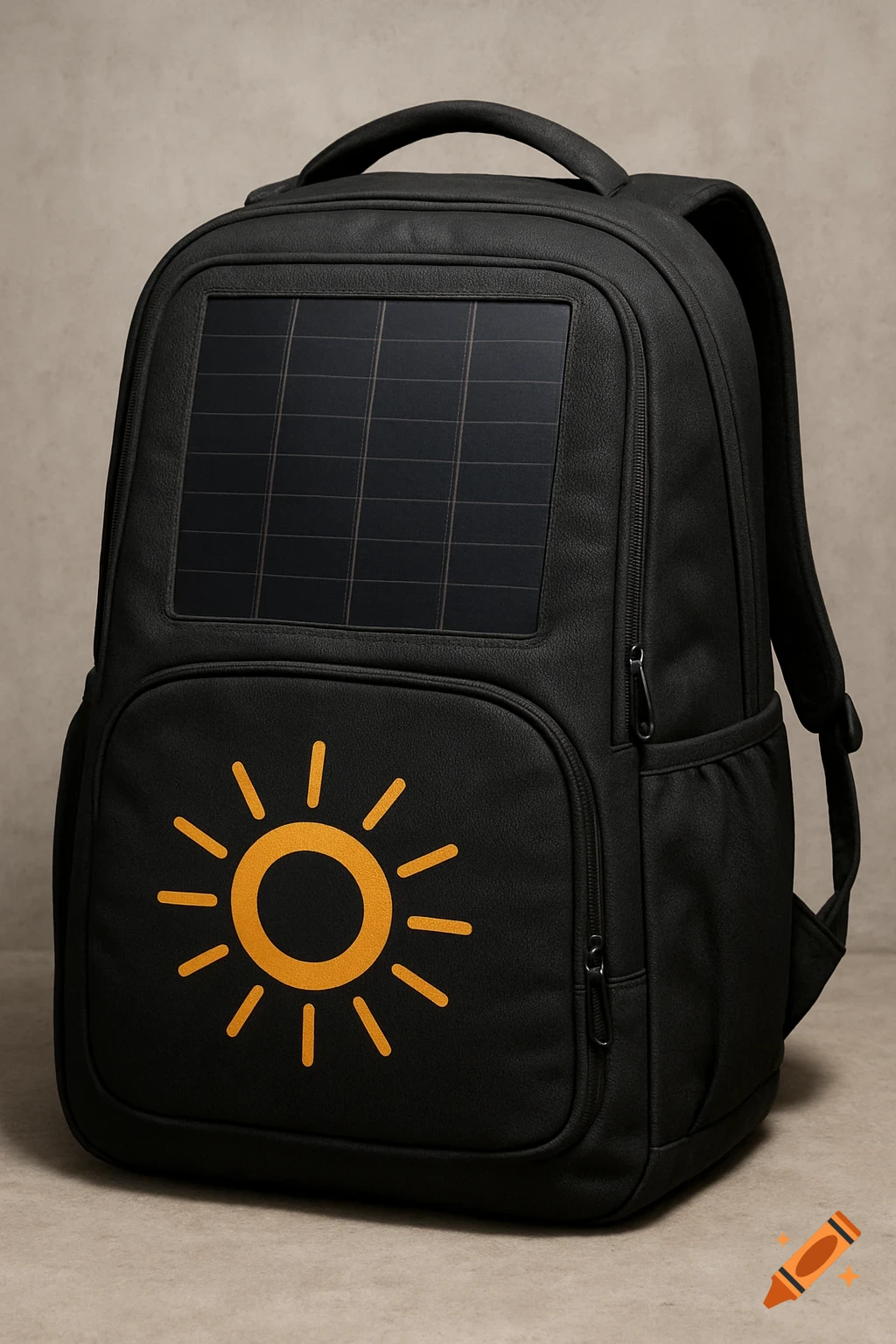 A black backpack with a solar panel and an orange sun logo.