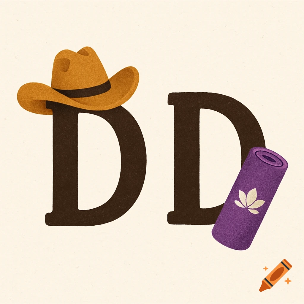 Two capital D letters, one with a cowboy hat, the other with a yoga mat.