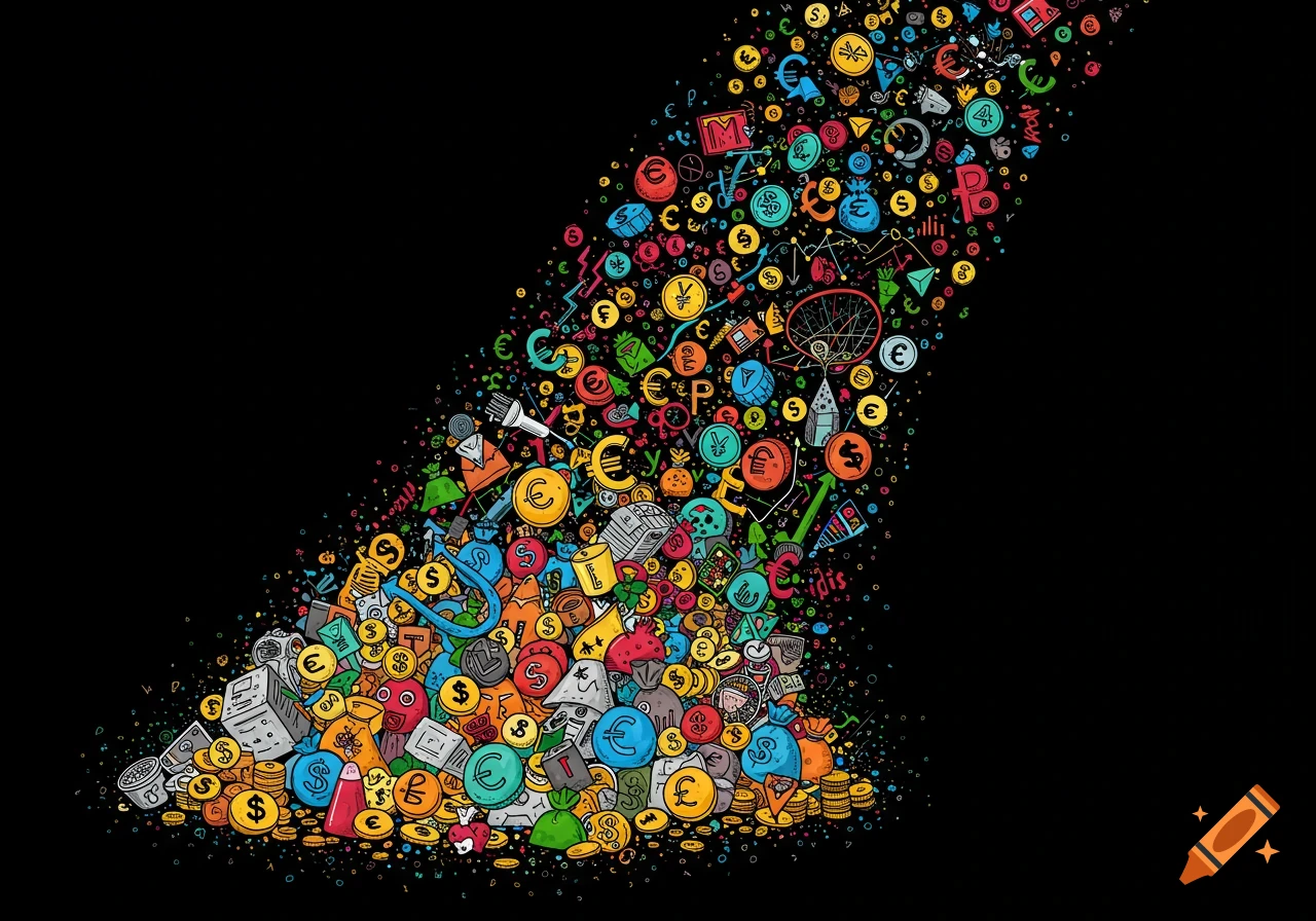 Colorful illustration of currency symbols, coins, and objects in an avalanche shape on a black background.