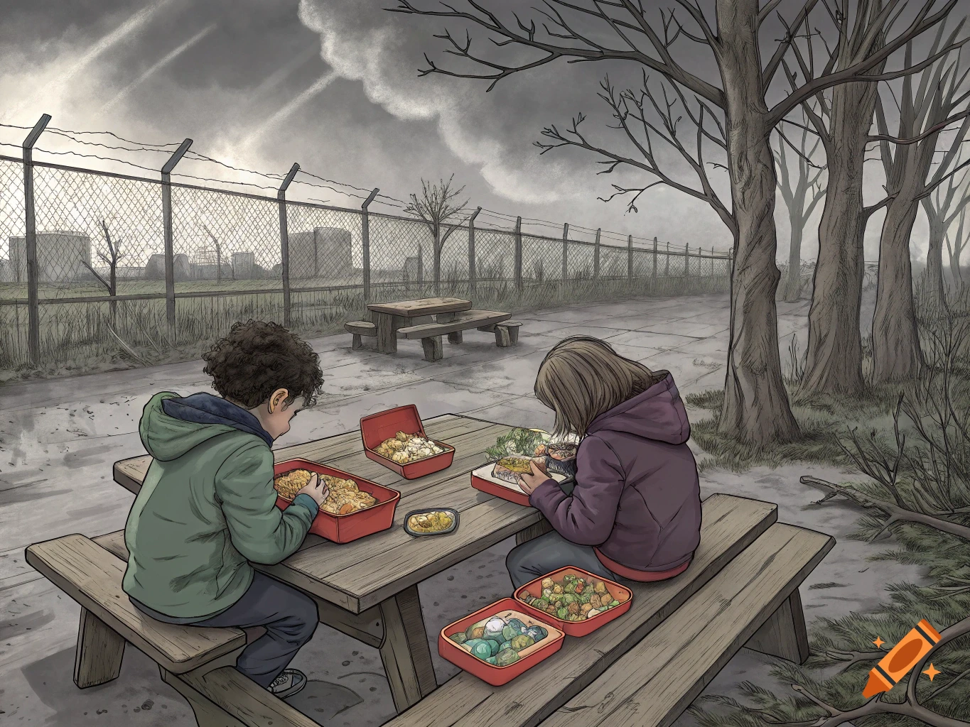 Two children eat lunch at a picnic table in a bleak outdoor area near a fence and trees. Illustration.