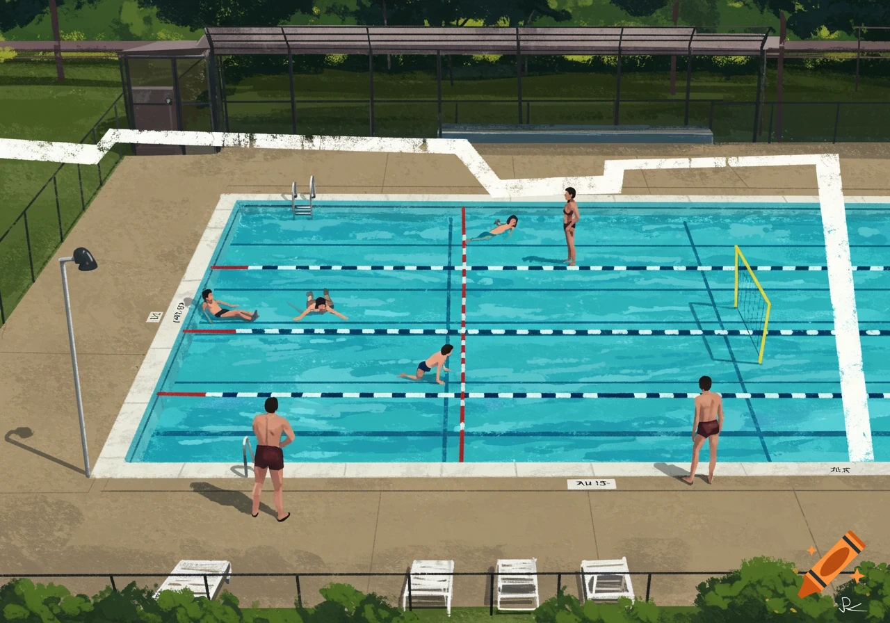 Illustration of an outdoor pool with people swimming and playing volleyball.