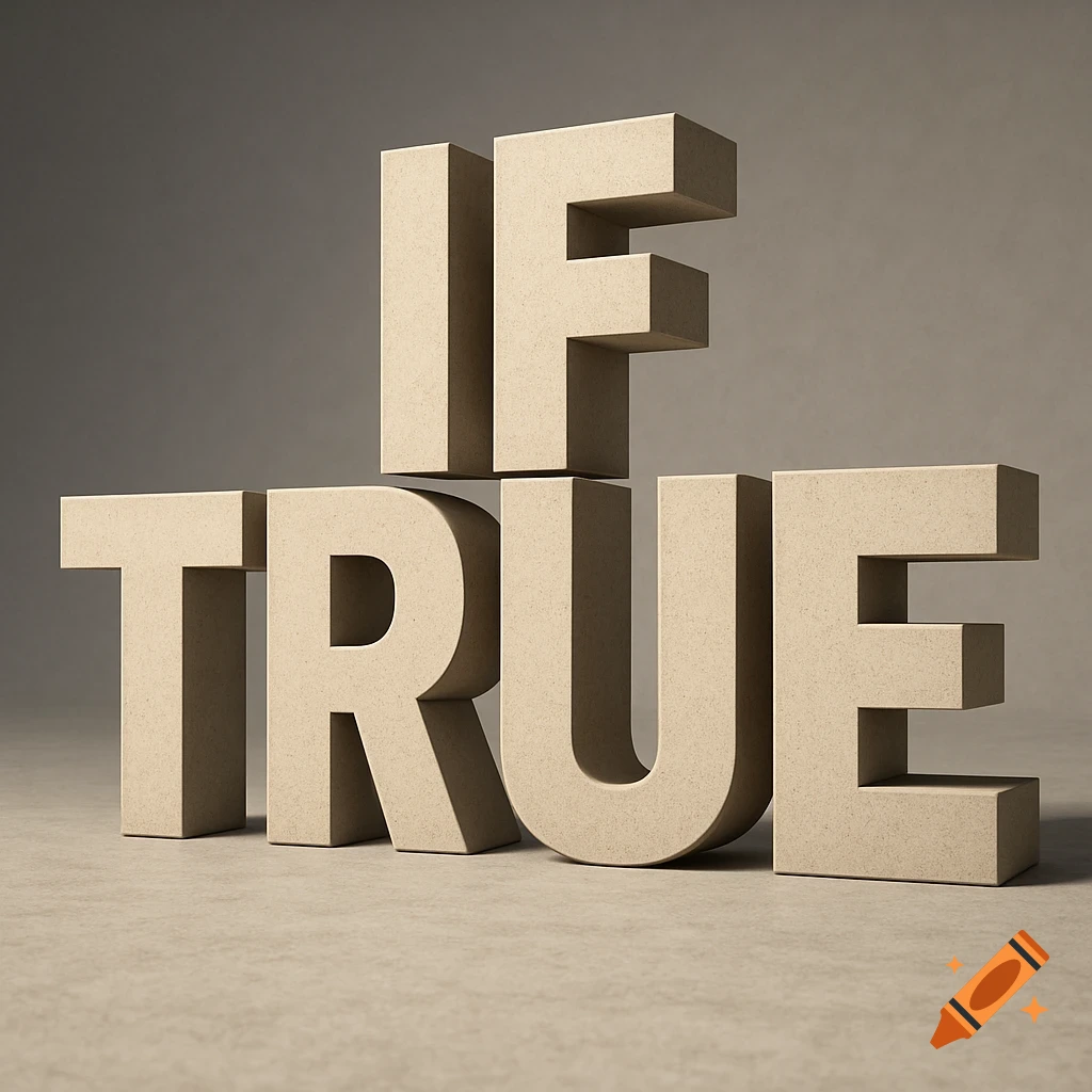 Large beige 3D block letters spelling 'IF TRUE' on a muted background.