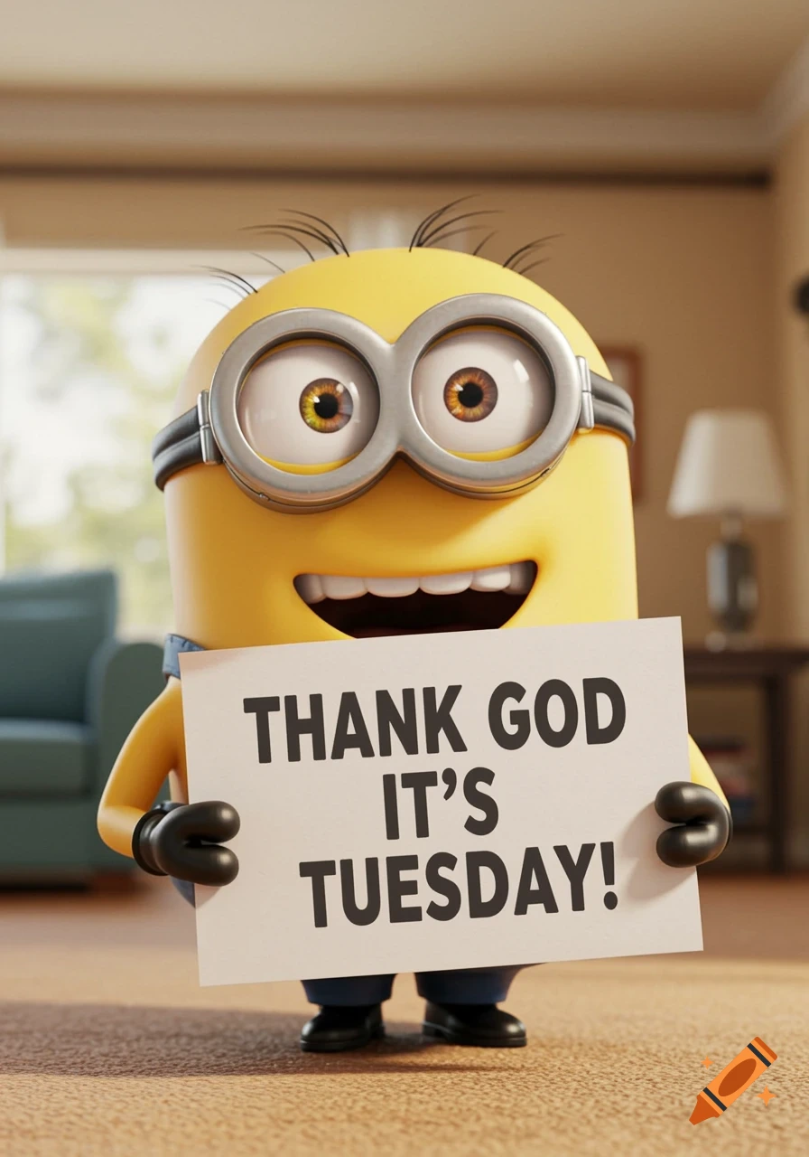 A Minion character holds a sign that says "THANK GOD IT'S TUESDAY!".
