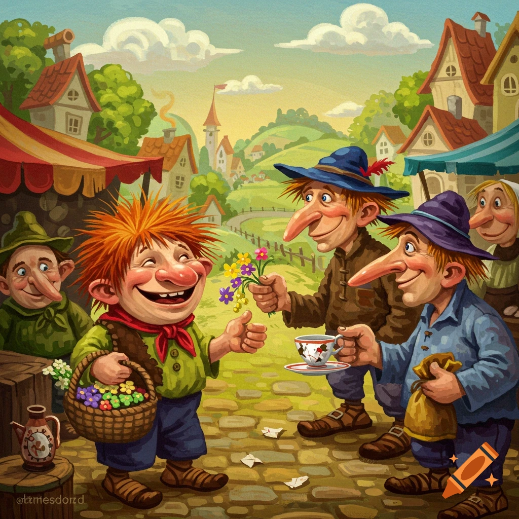 Cartoon illustration of simpleton-like characters trading flowers and goods in a village market.
