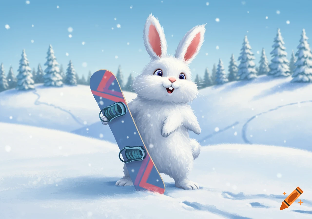 A cartoon bunny stands in the snow holding a snowboard.