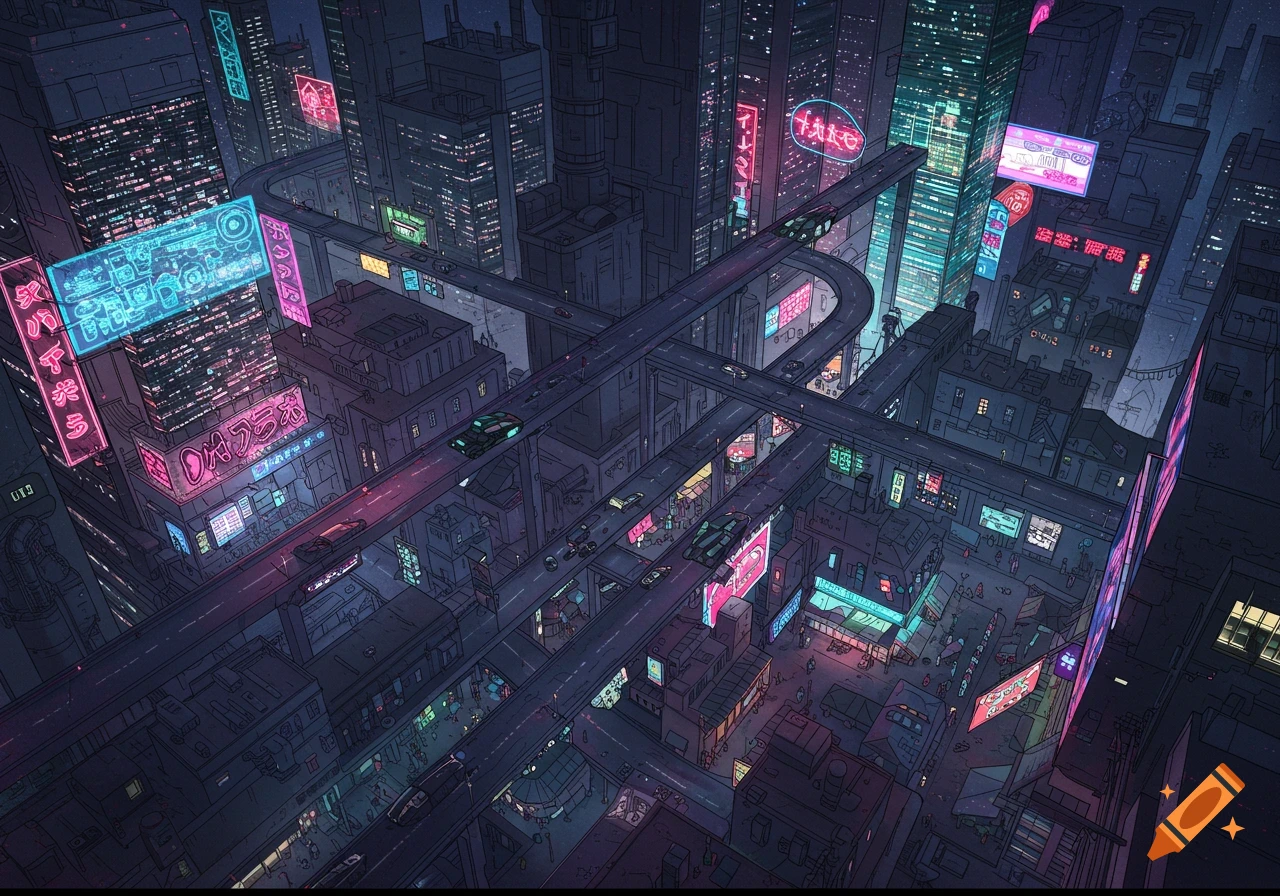 Overhead view of a futuristic cyberpunk city at night with elevated ...
