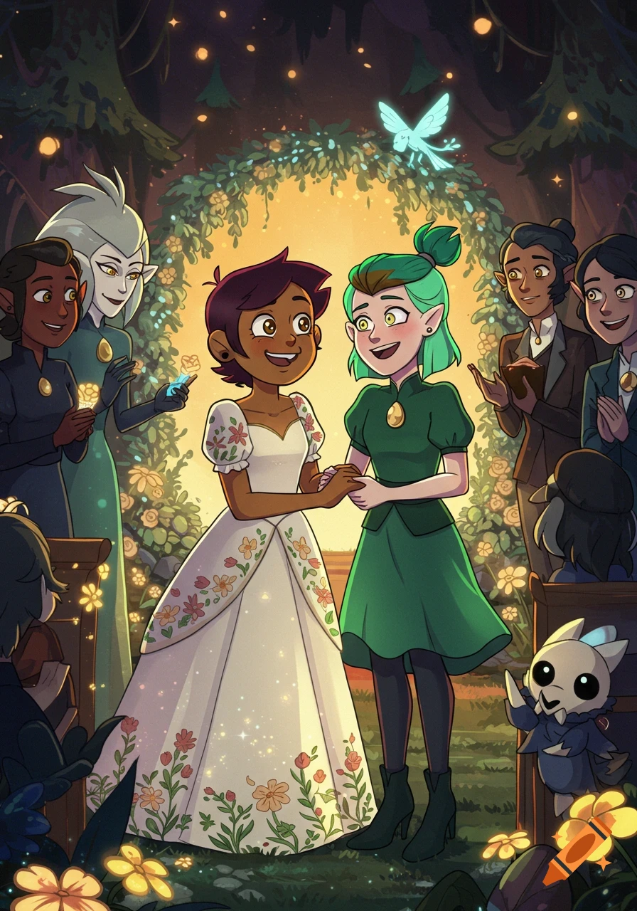 Cartoon characters Luz and Amity get married in a forest ceremony with friends.