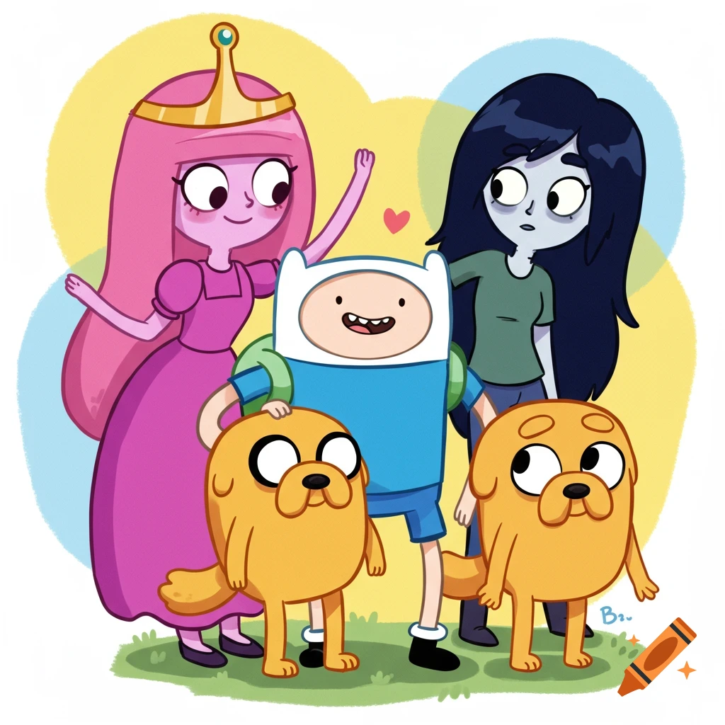 Princess Bubblegum, Finn, Marceline, and two Jakes from Adventure Time in the Bluey cartoon style