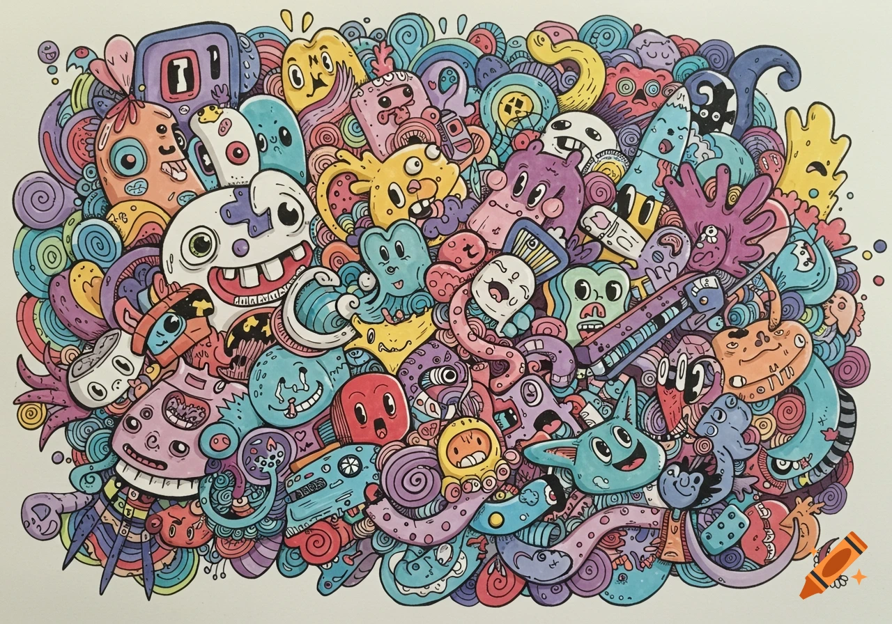 Colorful chaotic doodle art filled with cartoon monsters and abstract shapes