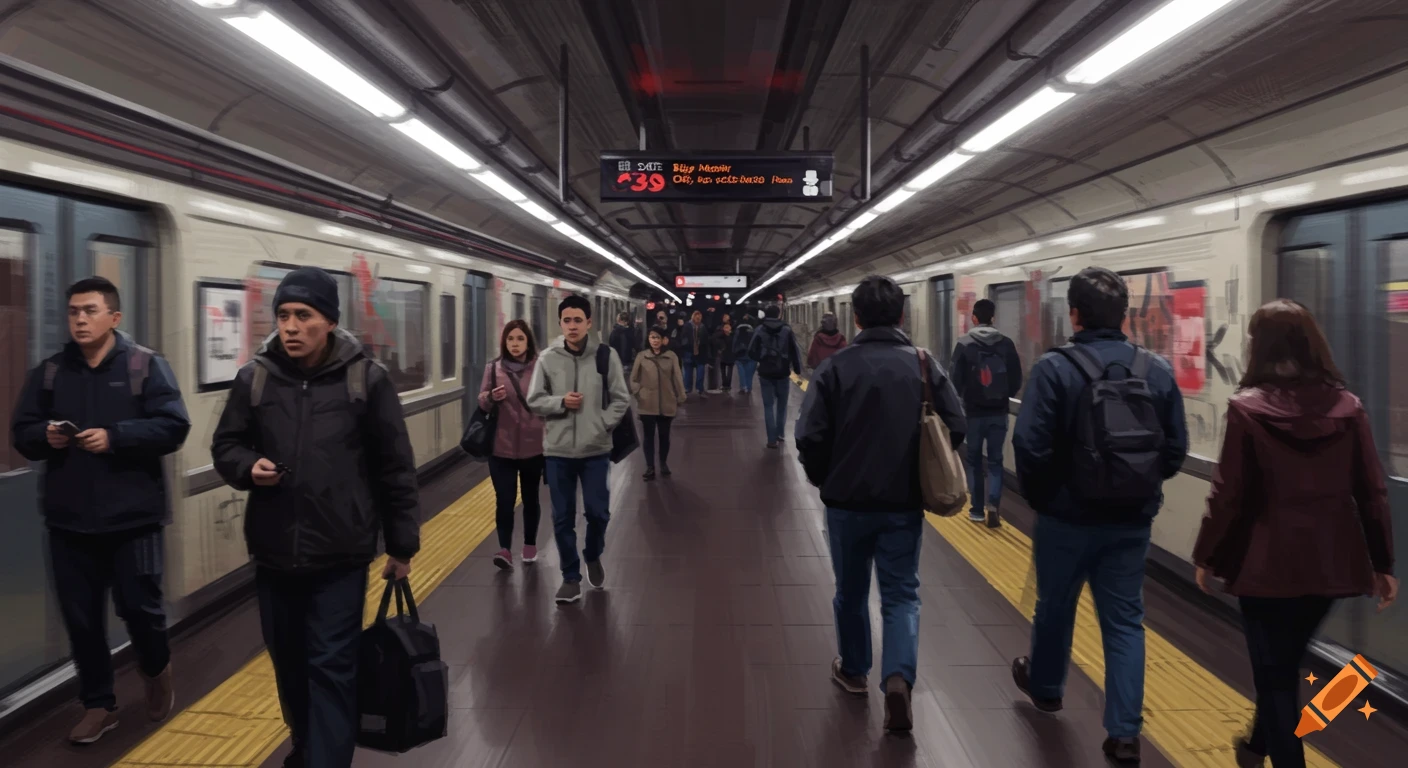 Painted illustration of people walking through a subway station with a train.