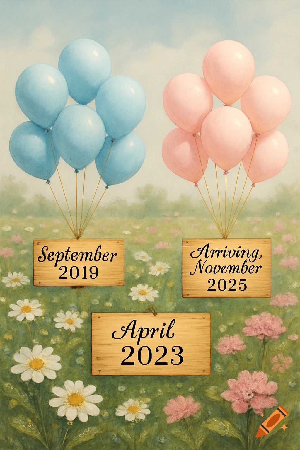 Illustration of blue and pink balloons above signs in a field of flowers.