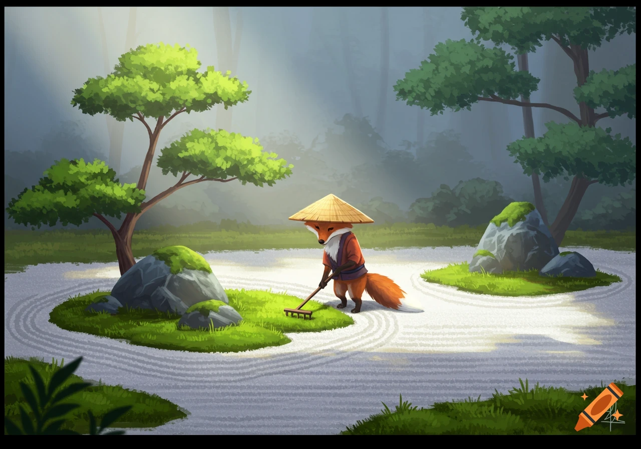 A fox in a straw hat raking a zen garden with rocks and trees, stylized illustration.