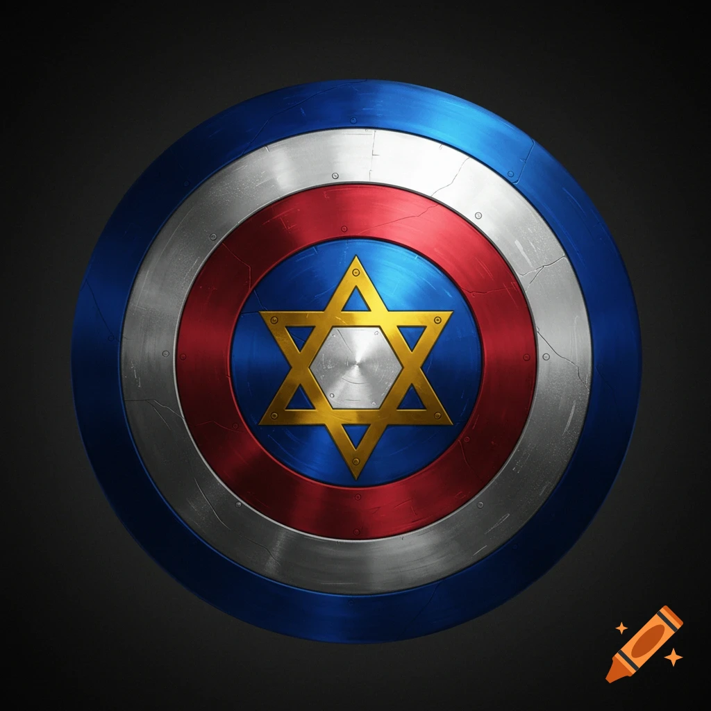A metallic shield resembling Captain America's, with concentric rings of blue, white, and red, and a gold Star of David in the center.