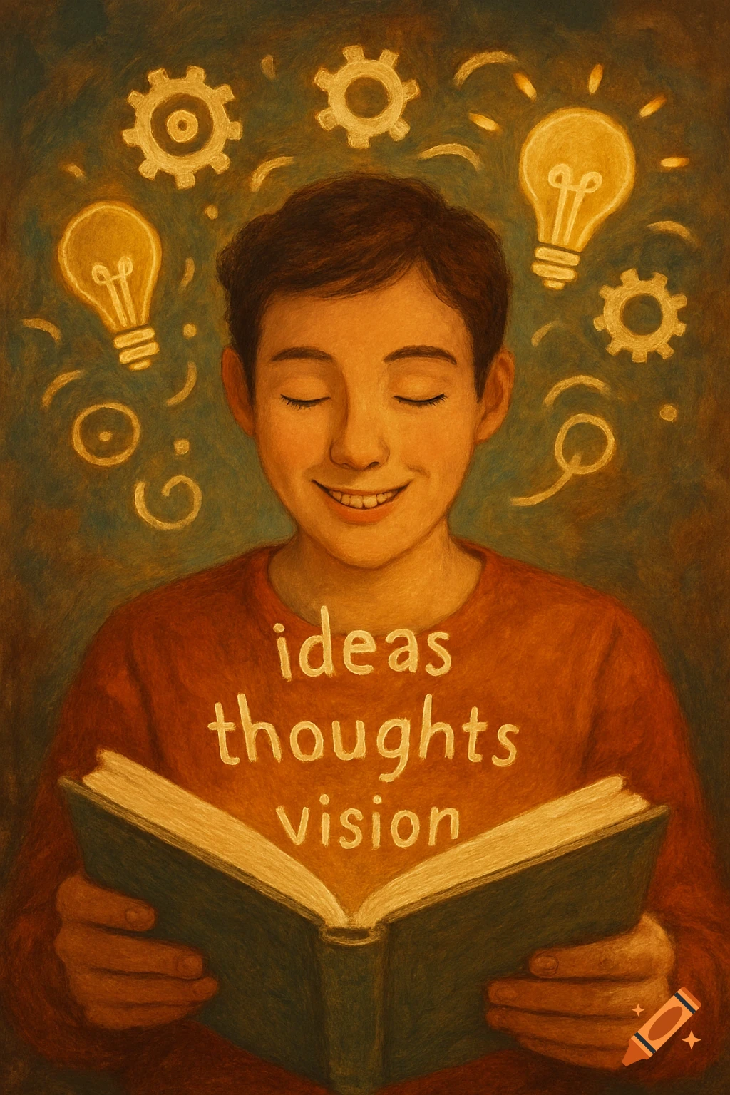 Illustration of a young person reading a book, with lightbulbs, gears, and swirls around their head. Text says "ideas thoughts vision".