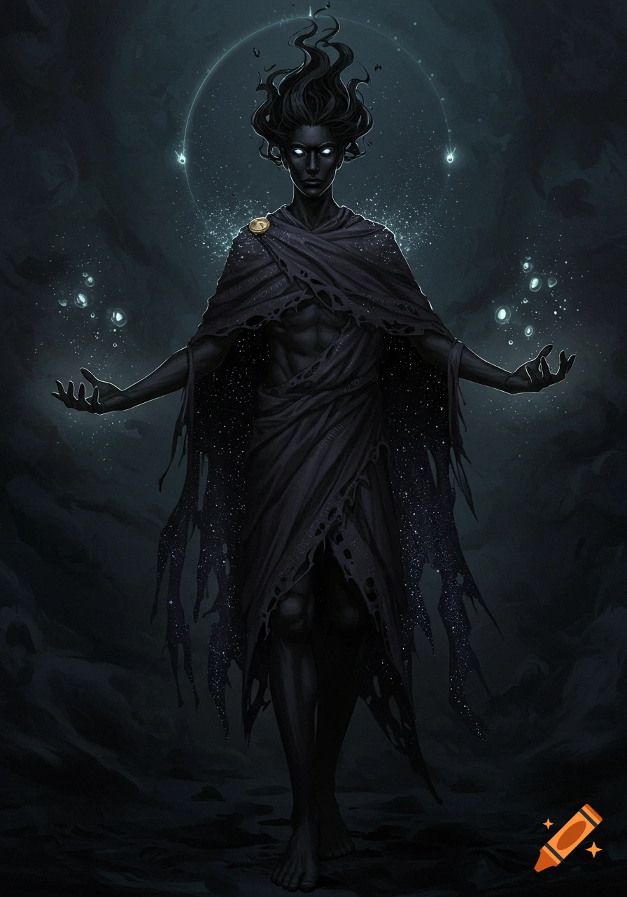 A dark, shadowy figure with bright eyes and hair like smoke, wrapped in ...