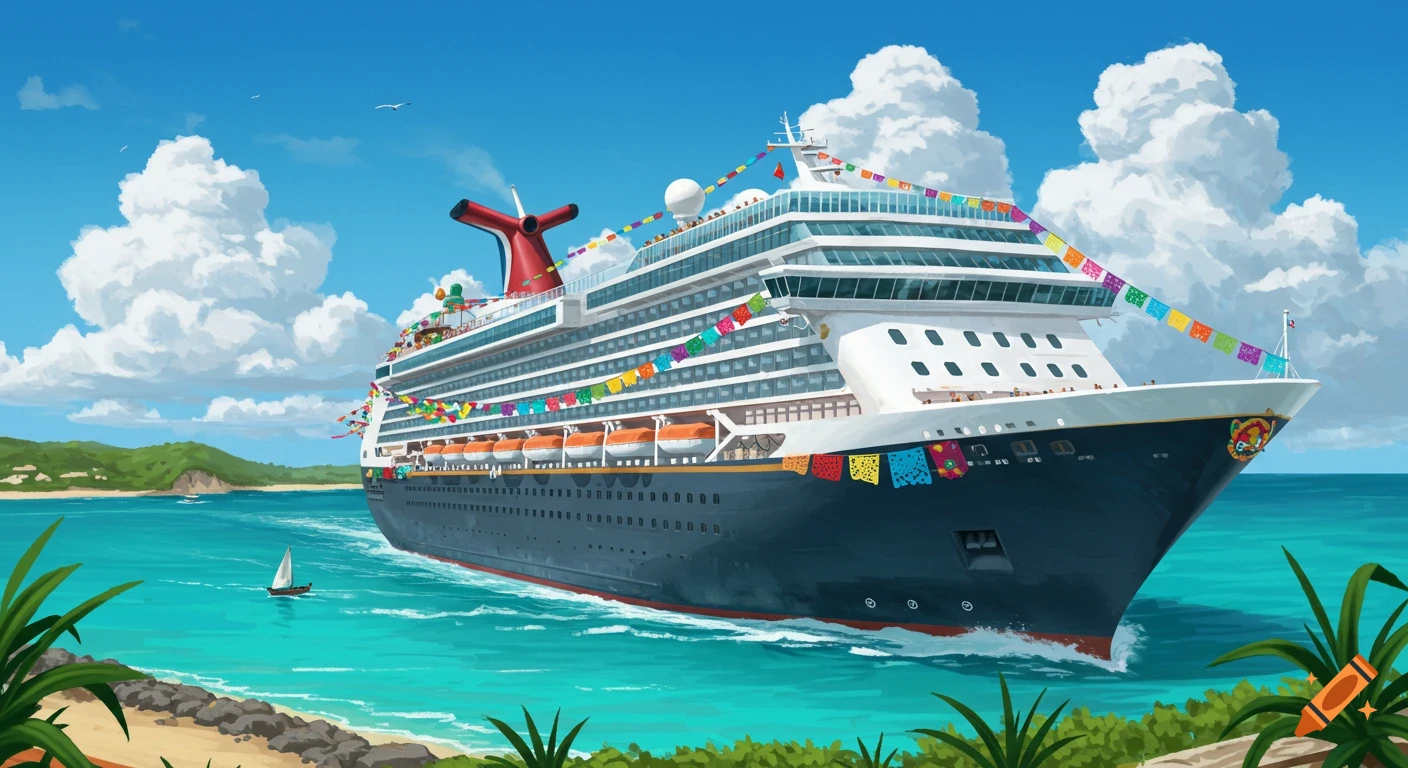 A large cruise ship with colorful banners sails past a beach in a tropical setting.