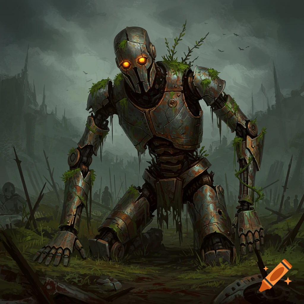 Rusted warforged robot covered in moss kneels on a gloomy battlefield.