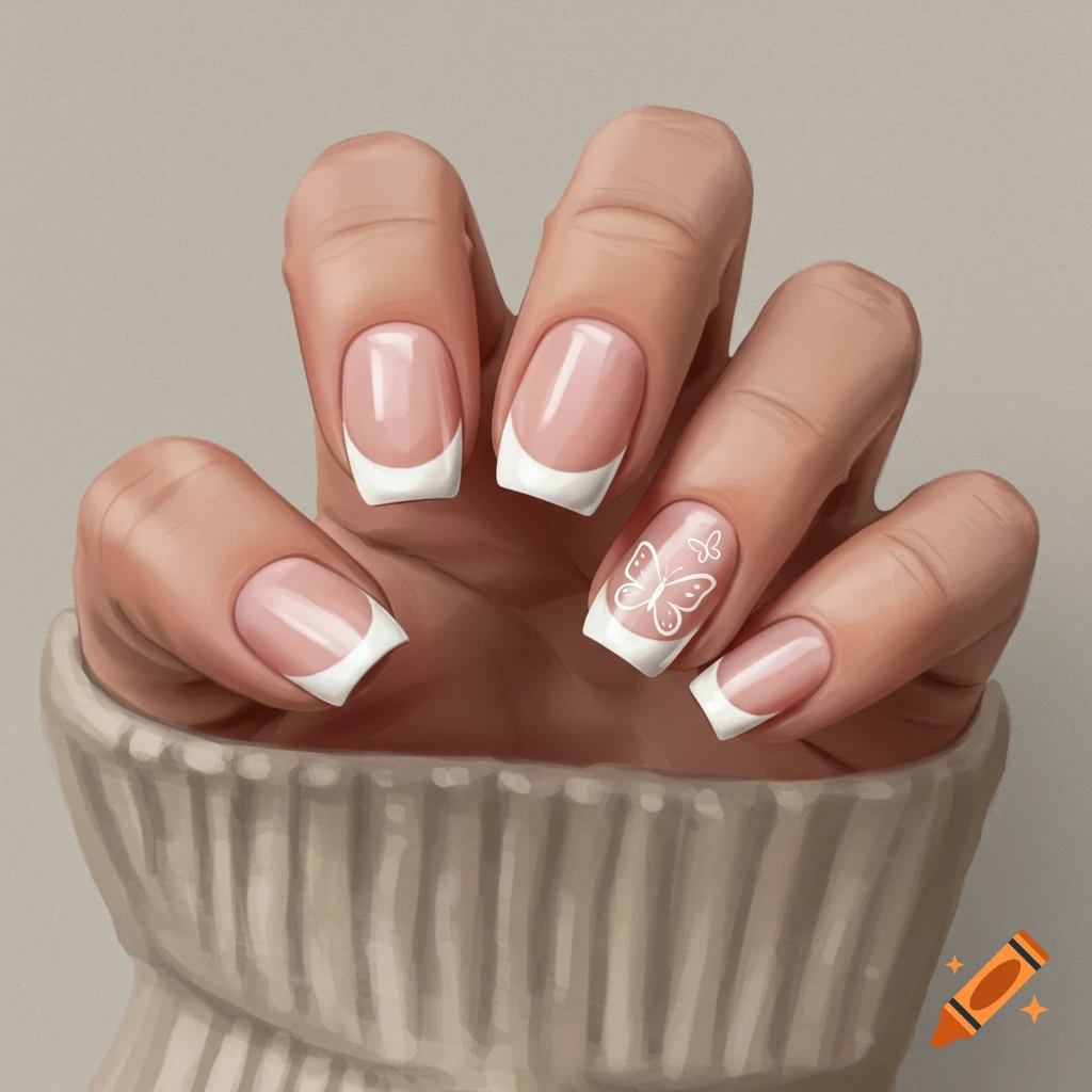 Close-up of a hand with french manicure nails and a white butterfly design on one finger, wearing a beige sweater.