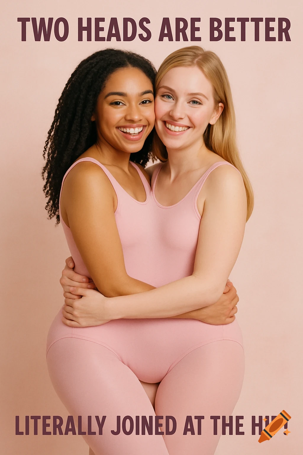 Two women in pink leotards hug, creating a two-headed woman illusion with text overlay.