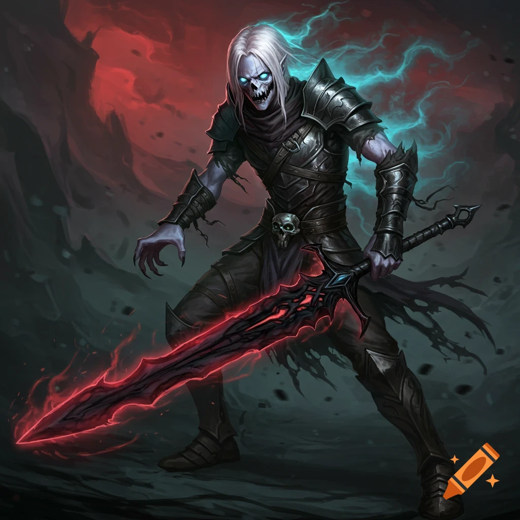 A skeletal undead warrior in dark armor holds a glowing red sword in a dark fantasy setting.