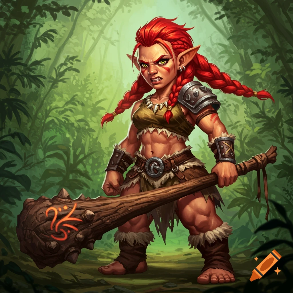 Stylized illustration of a fierce, muscular female halfling barbarian with red braids holding a large club in a forest.