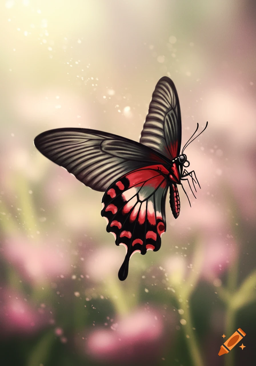 Butterfly with black and red wings against a bokeh background on Craiyon