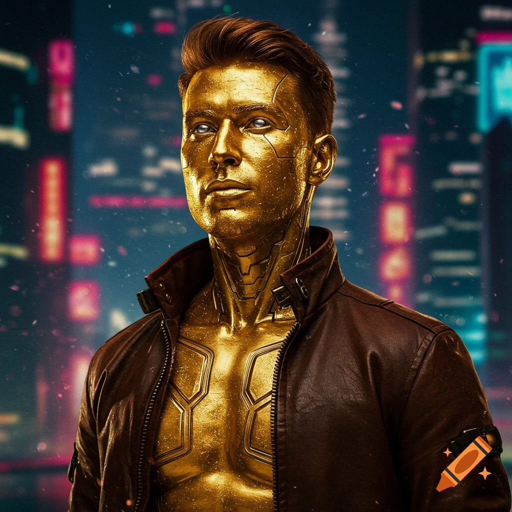 Portrait of a man with golden skin and silver eyes, wearing a leather jacket, against a blurry cyberpunk city backdrop.
