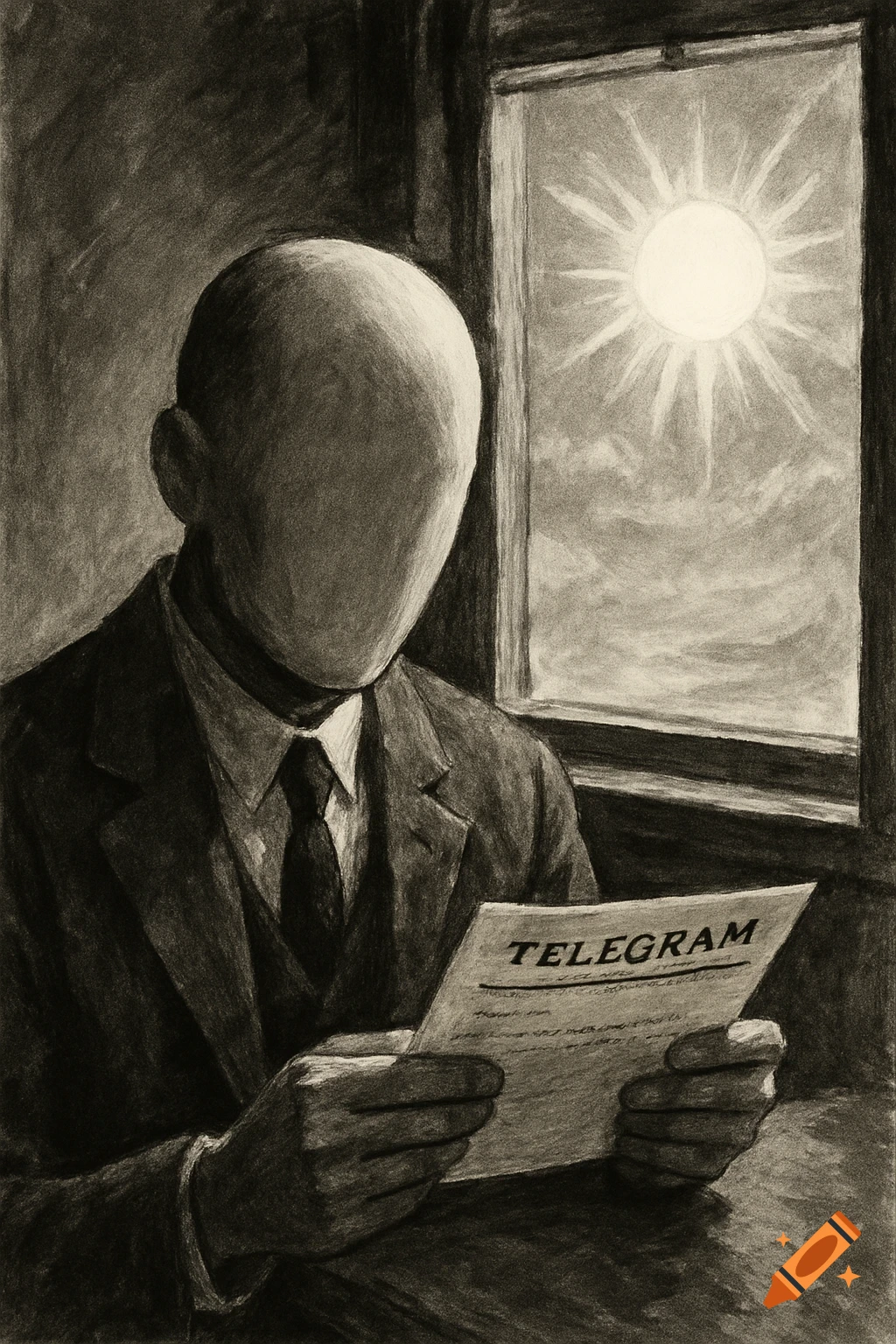 A man with a blank face reads a telegram by a sunny window in a black and white drawing.