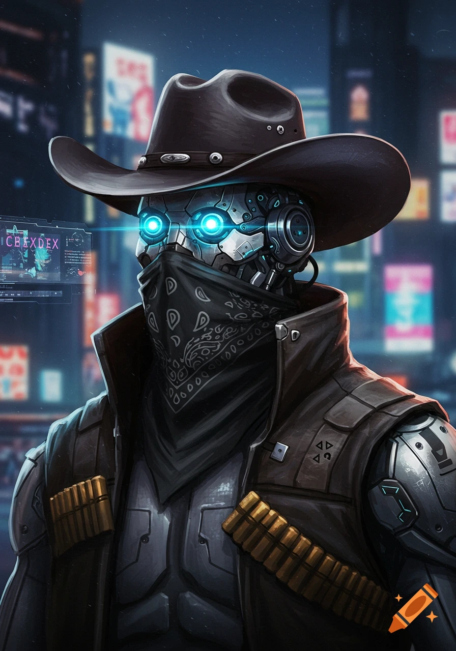 Close-up portrait of a cyborg in a cowboy hat and bandana with glowing blue eyes in a cyberpunk city.