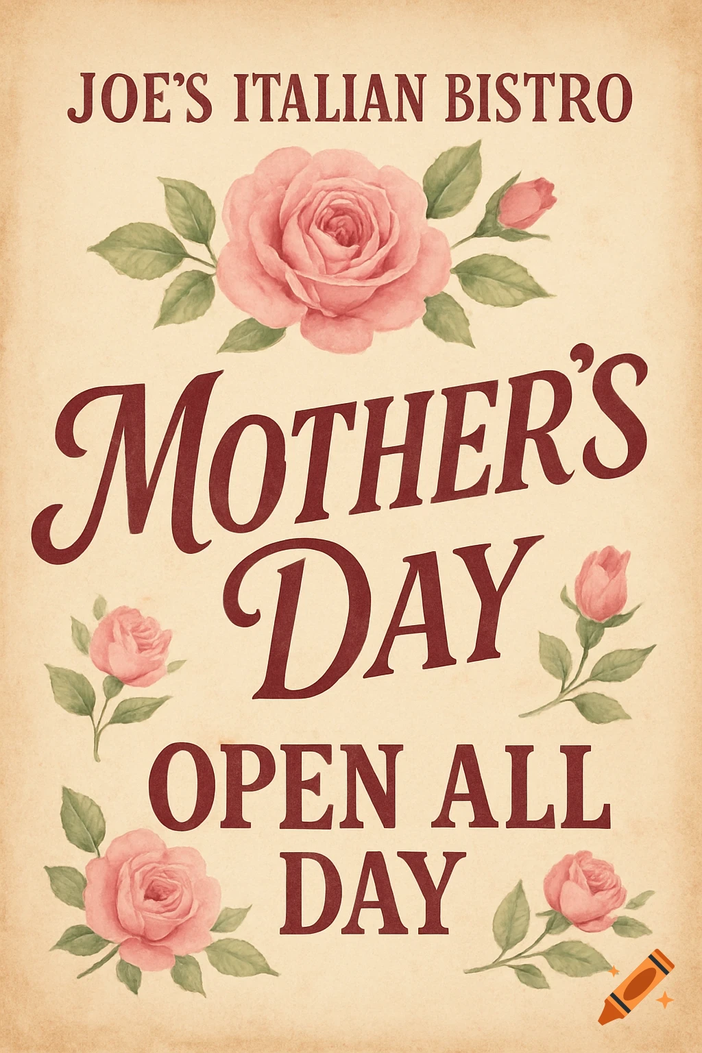 Watercolor flyer for Joe's Italian Bistro Mother's Day, with text and pink roses.