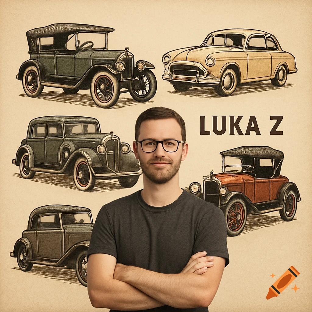 A man with glasses stands in front of vintage car illustrations with the text LUKA Z.
