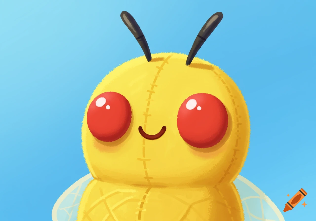 A cartoon plush yellow peanut character with red eyes and antennae against a blue background.