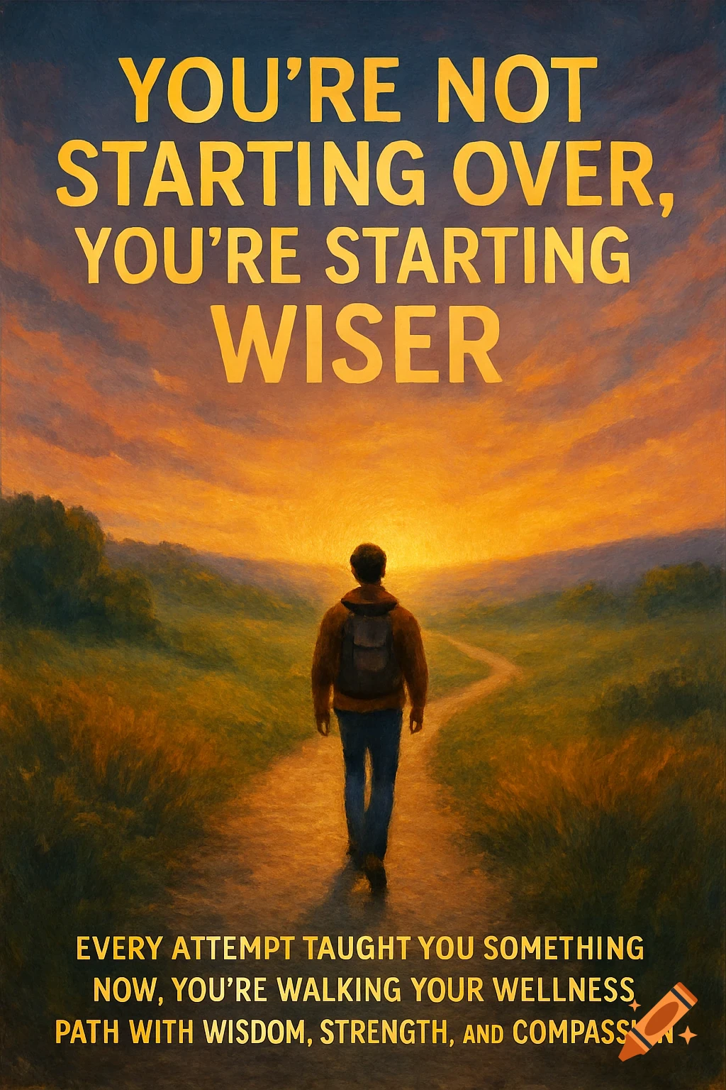 Person walking down a path toward a sunset horizon with motivational text overlay.
