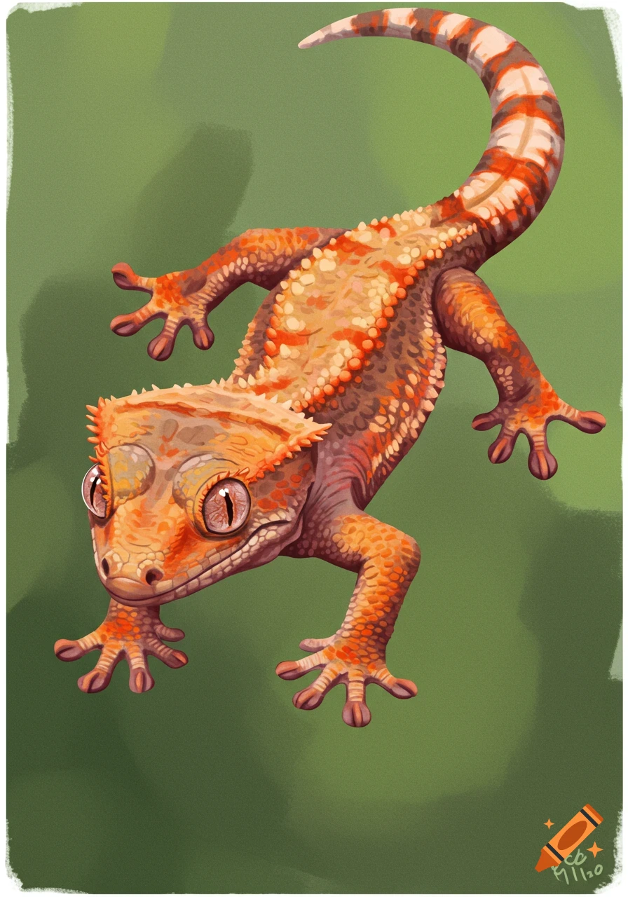 Illustration of an orange and white crested gecko on a green background.
