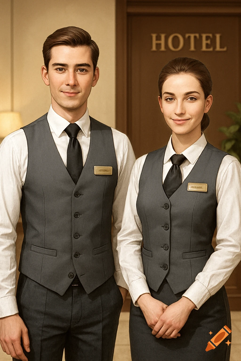Two people in grey hotel uniforms and name badges stand side-by-side in a hotel lobby.