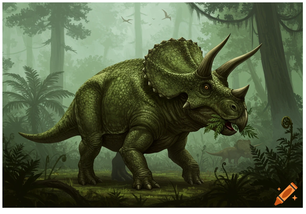 Illustration of a green Triceratops dinosaur eating leaves in a misty prehistoric jungle.