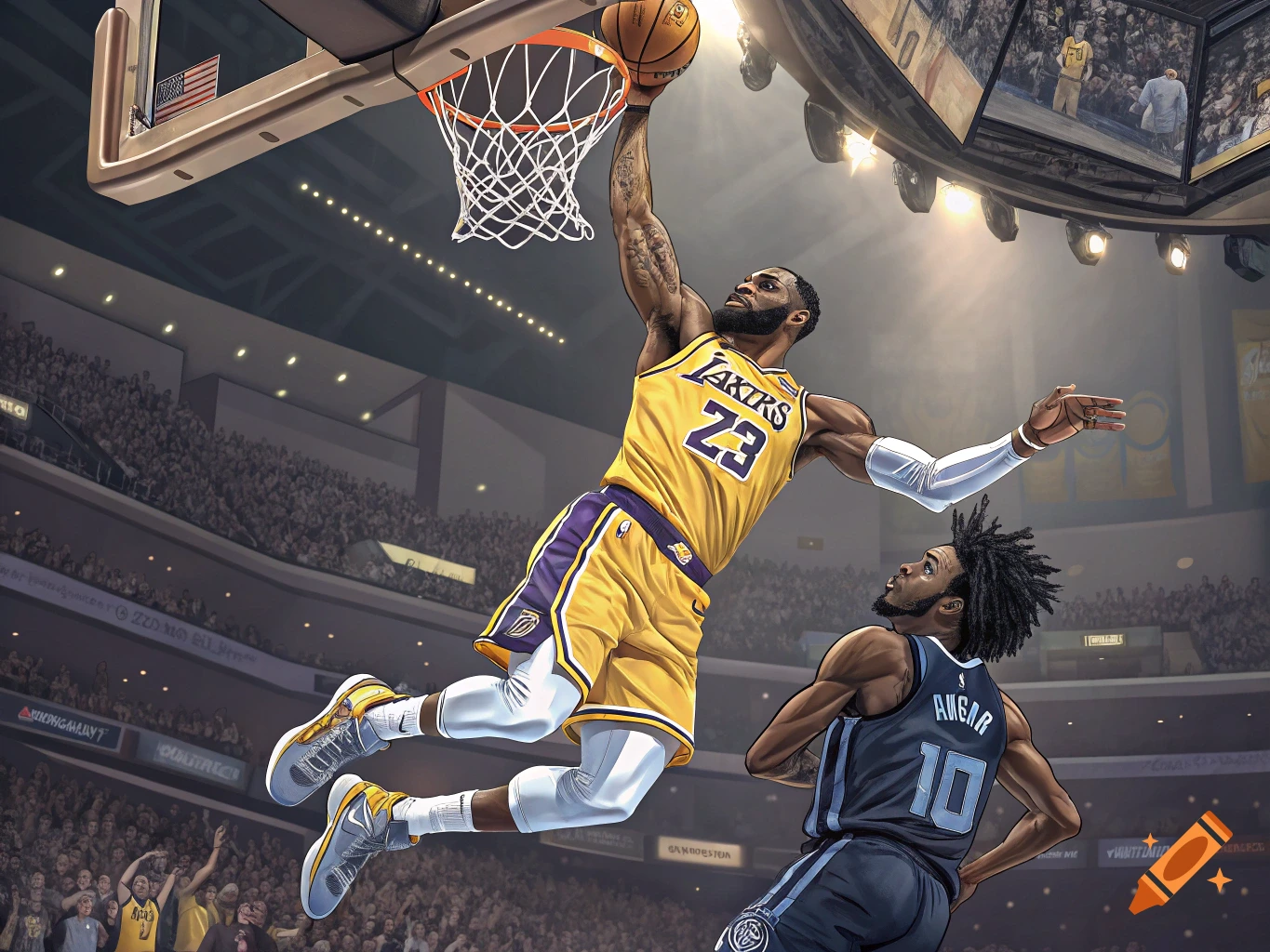 LeBron James dunks a basketball over Ja Morant in a crowded stadium.