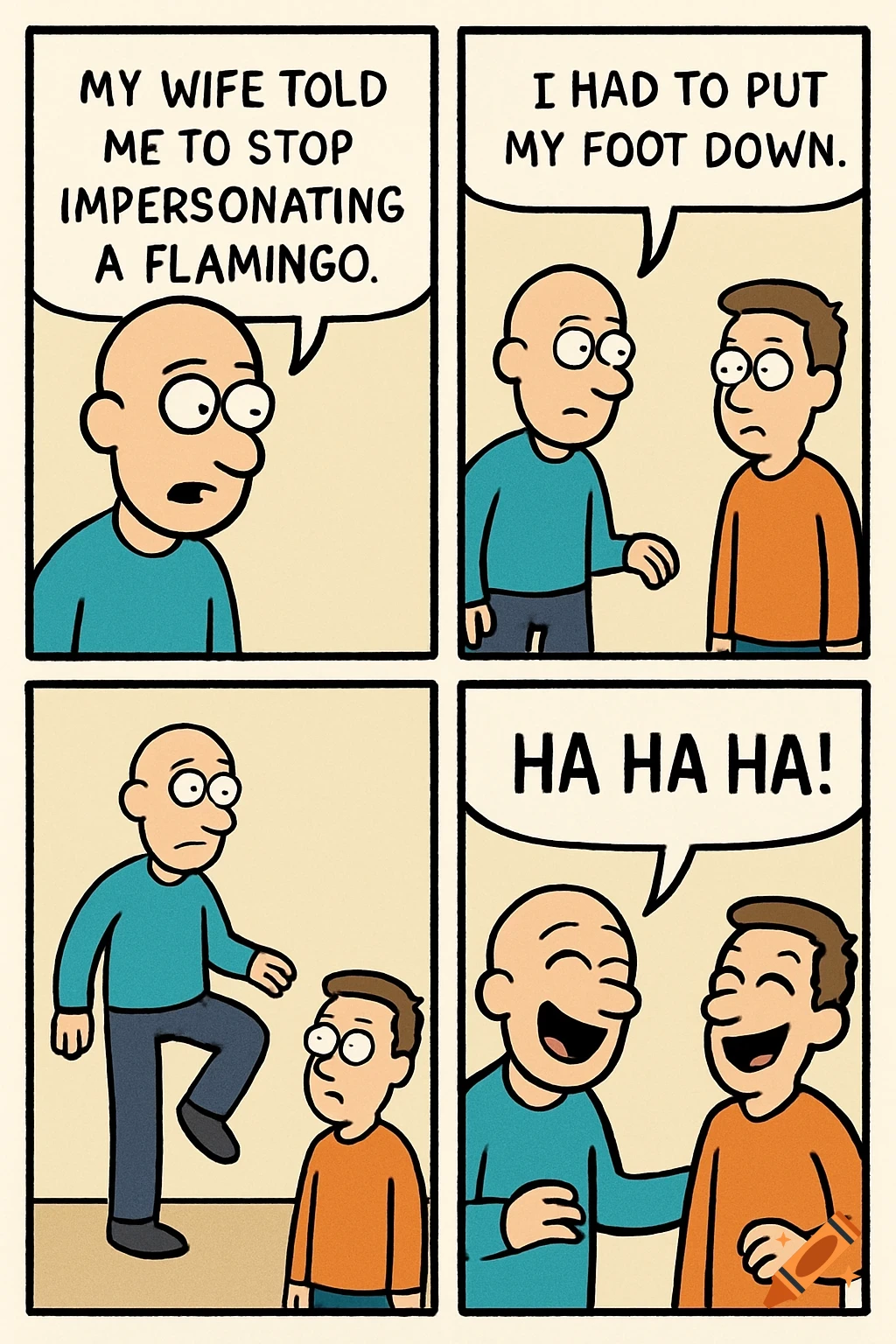 A cartoon comic strip shows two men telling a joke about impersonating a flamingo and putting a foot down.