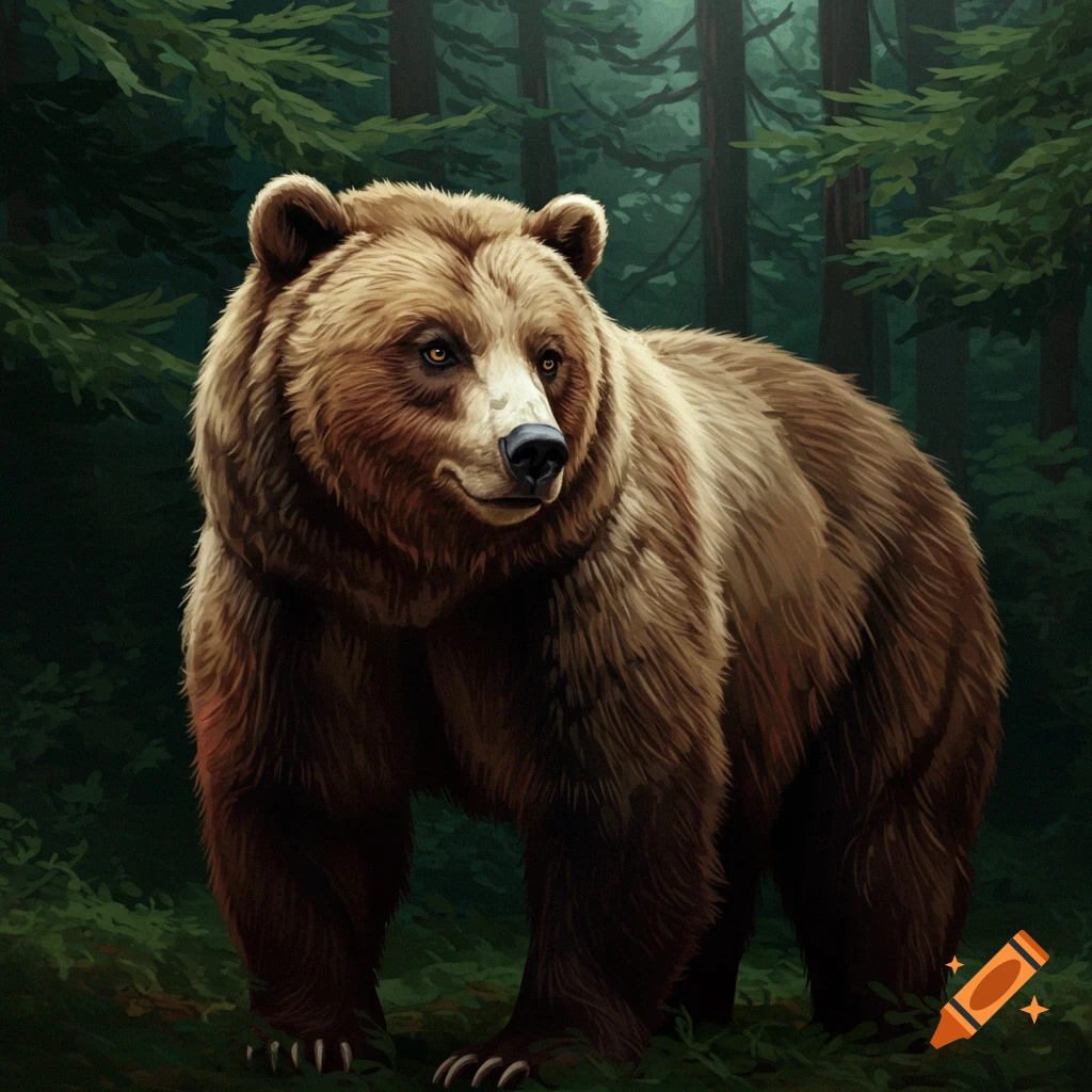 Brown bear standing in a forest, digital painting style.