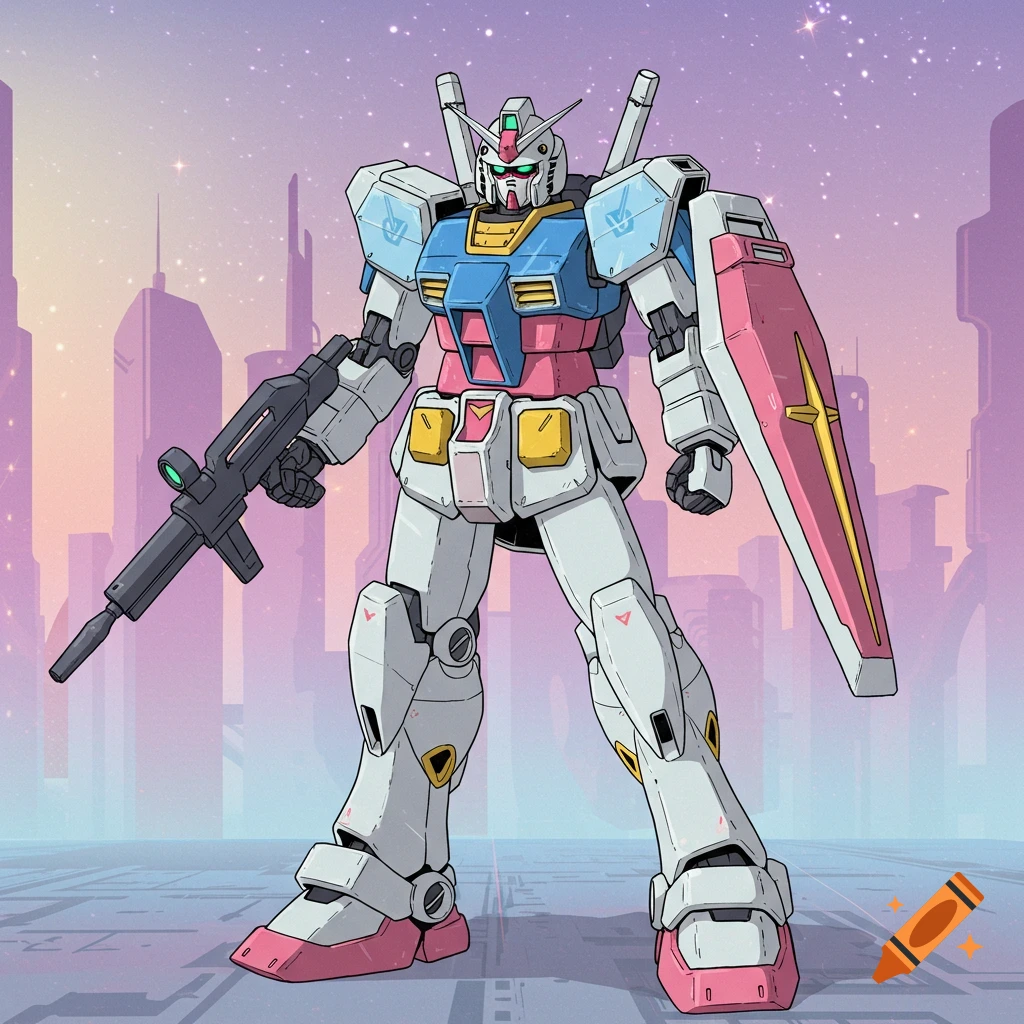 Anime-style giant robot in trans pride colors stands in a futuristic city.