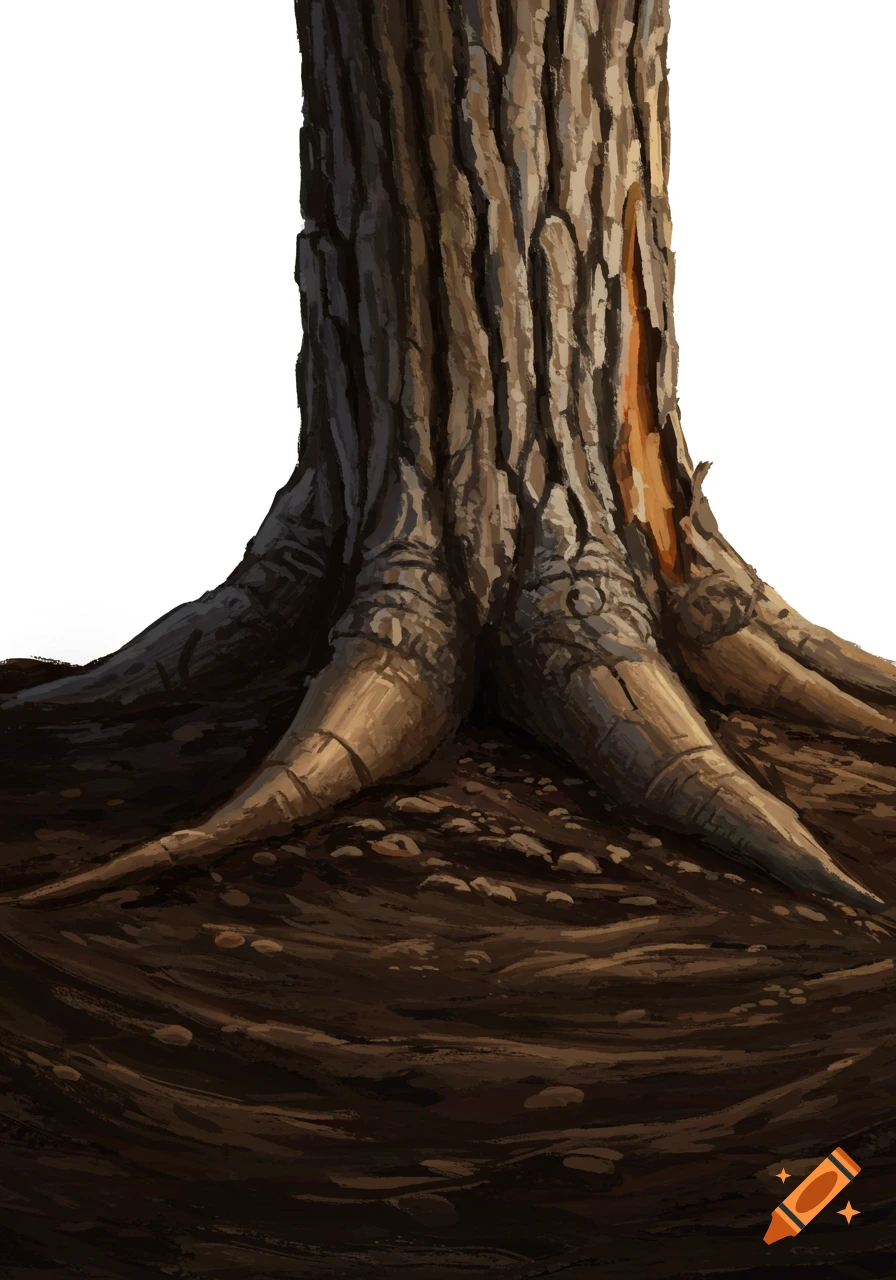 Close-up digital painting of a tree trunk and gnarled roots emerging from dark soil.