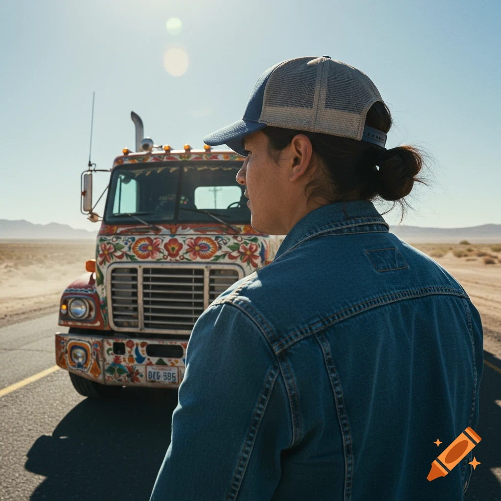 Person looking at a colorful truck on a desert road.