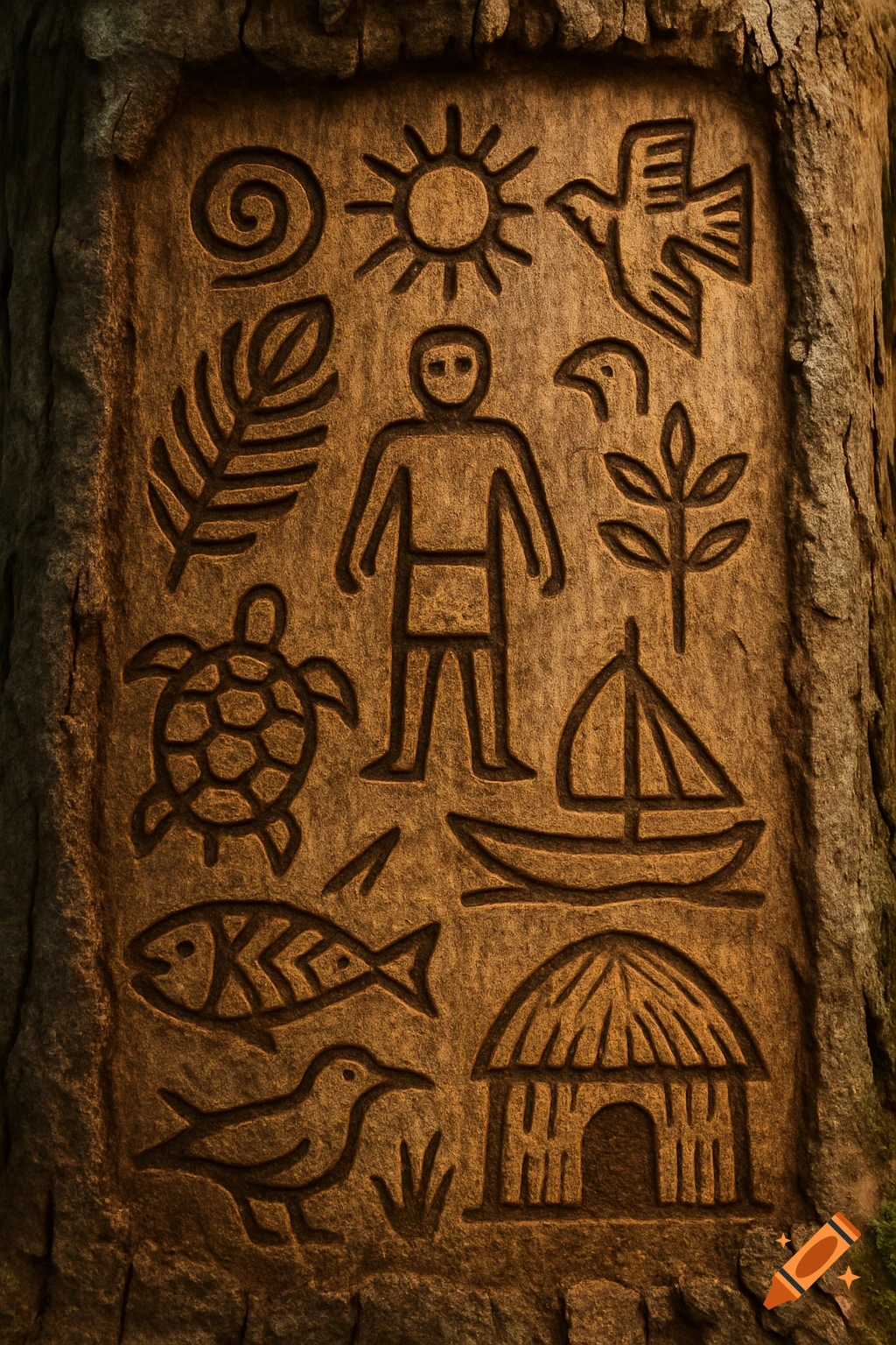 Wooden carving featuring symbols like a spiral, sun, human, animals, boat, and hut.