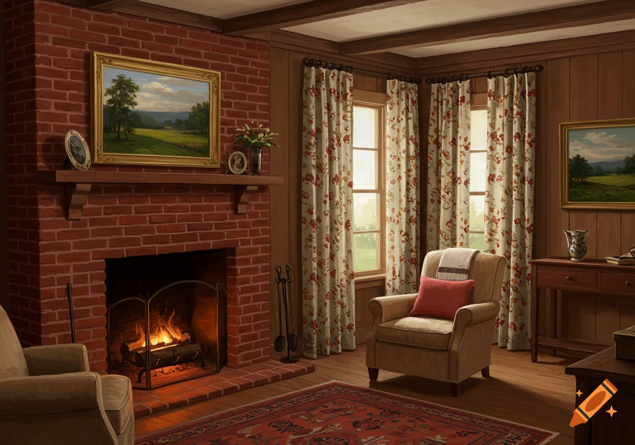 A cozy traditional living room with a fireplace, armchair, floral curtains, and landscape paintings.