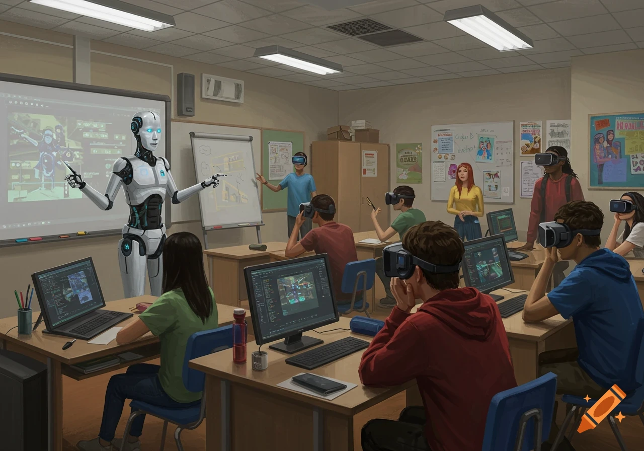 A robot teaches students wearing VR headsets in a classroom.
